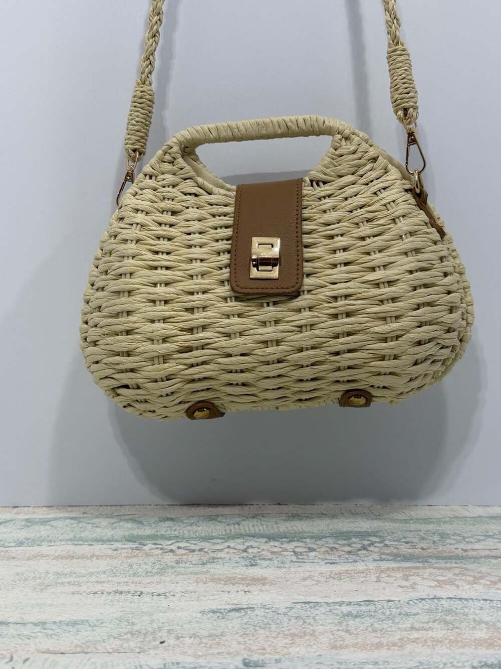 Unbranded Woven Straw Dumpling Crossbody Bag Beige Brown Lock Clasp Summer